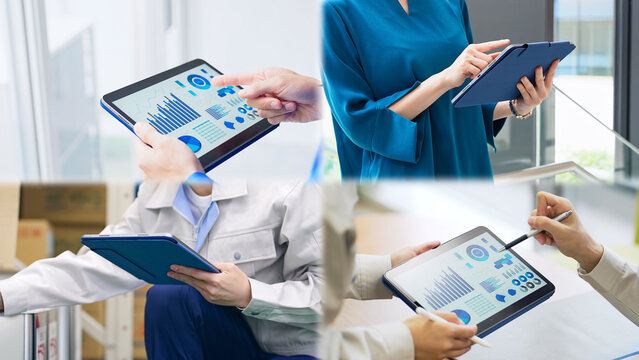 Collage footage of people using tablet PCs