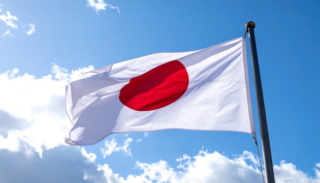 Japanese flag waving in the wind under a bright blue sky with clouds.