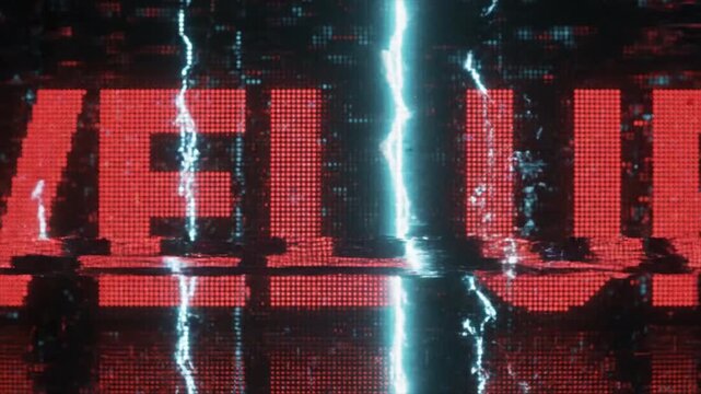 Level Up Text Display Glitch Transition with High Voltage Electric Discharge Animation on Digital LED Screen Background 4k video animation seamless loop