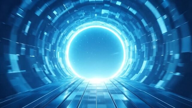 Futuristic tunnel with glowing light at the end, representing technology and innovation.