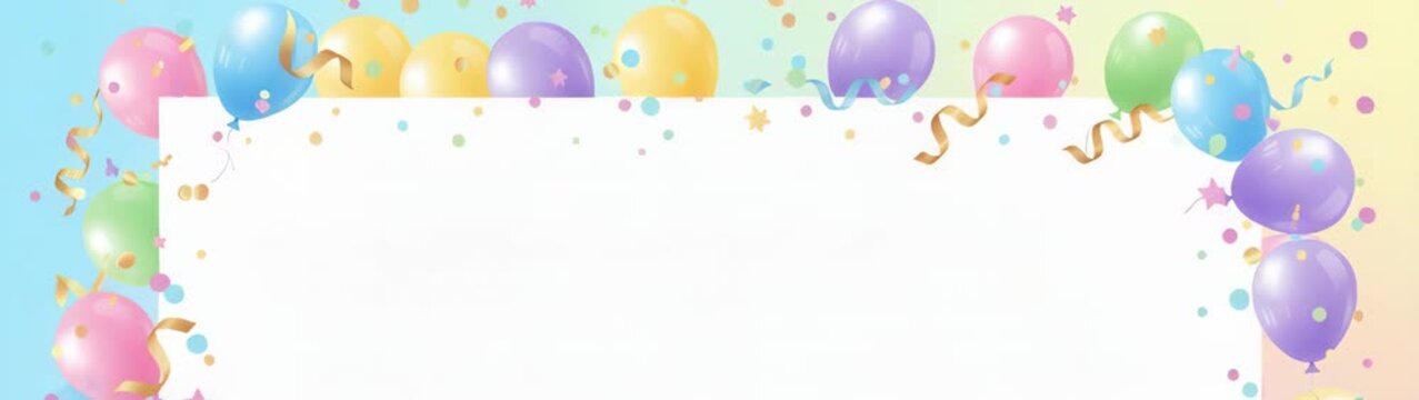 Happy birthday colorful balloons and confetti framing blank white space for your message.