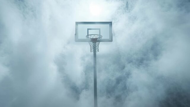 Basketball hoop stands tall in foggy setting during night