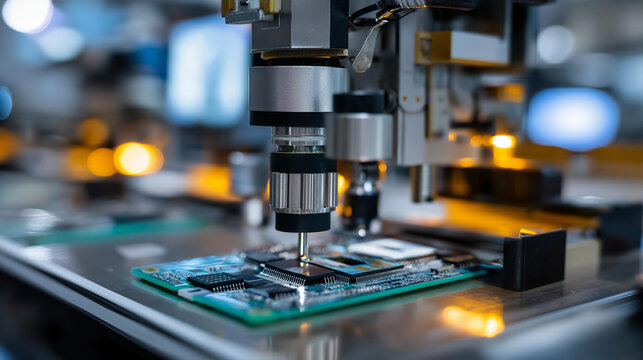 Automated machinery placing microchips onto circuit boards, precision robotics for semiconductor production, advanced technology modern assembly line, electronics manufacturing