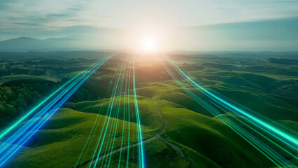 A path of light stretching towards the sunrise in nature - A path to the future © metamorworks
