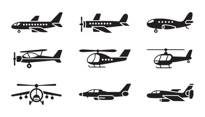 Set of aircraft and helicopters silhouette icons, jet plane and helicopter simple vector illustration © Nayan Arts