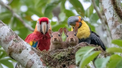 Obraz premium Two adorable rabbits peer from a cozy nest while a red macaw and a colorful toucan watch over them in a lush green jungle. Nature's harmony is on full display in this lively scene