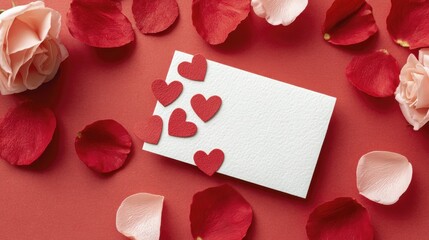 Romantic greeting card with red hearts and petals on a vibrant red background