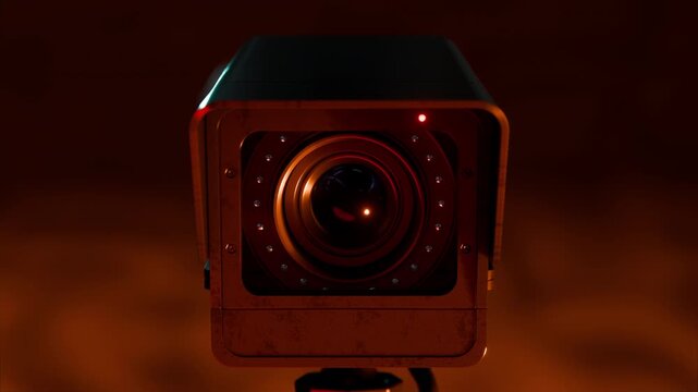 Cinematic CCTV Surveillance Camera 3d Animation with Dramatic Orange Lighting