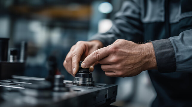 Skilled industrial worker performing detailed adjustments on heavy manufacturing machinery, modern factory operational precision, efficiency maintenance work, faceless worker