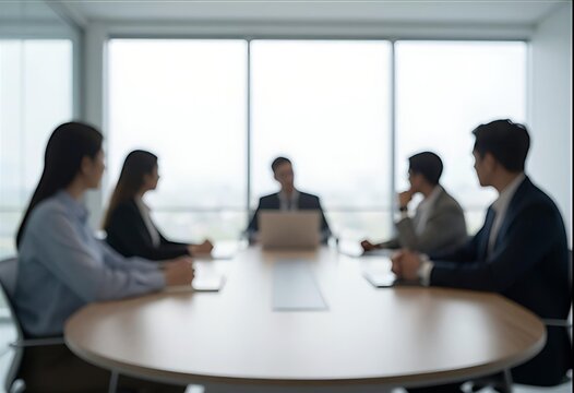 business meeting in a modern office setting, implying collaboration, Blur office meeting blurred background with business people working group in boardroom discussion.