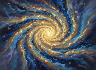 Artistic, abstract depiction of a swirling galaxy with vibrant golden and blue hues