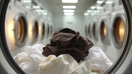 Pile of laundry inside washing machine in modern laundromat