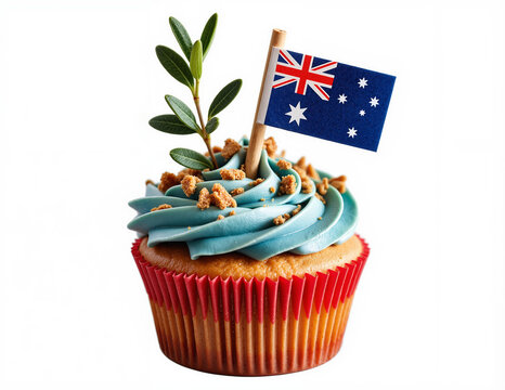 Australian Flag Cupcake &ndash; Festive Dessert on Rustic Wood with Eucalyptus for Australia Day Celebrations and Patriotic Party Themes
