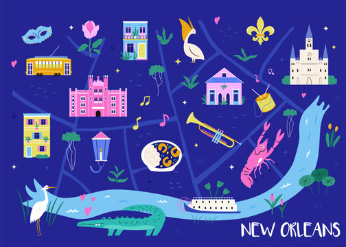 Illustrated Map of New Orleans, Louisiana &ndash; Jazz, Mardi Gras and Cultural Landmarks  