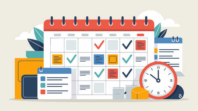Calendar schedule with checklist and clock representing time management, planning and productivity concept vector illustration