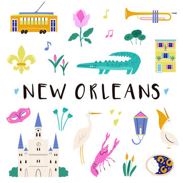 New Orleans Symbols Poster with Jazz Music, Mardi Gras, Architecture and Local Food. Cute Flat Vector Illustration