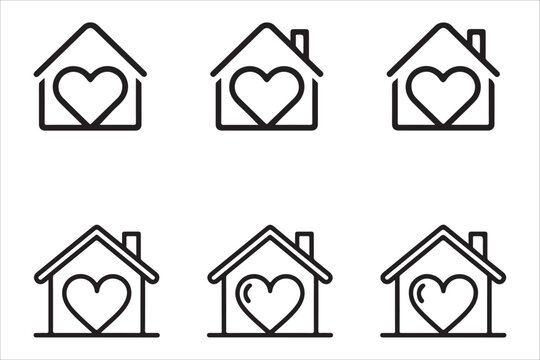 Set of house icons with heart inside symbolizing home love family and safe living environment