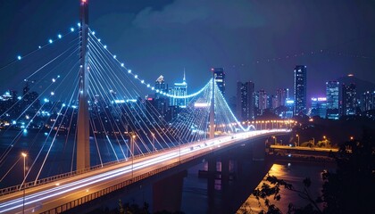 Obraz premium Nighttime cityscape featuring a bridge illuminated with lights and skyscrapers.