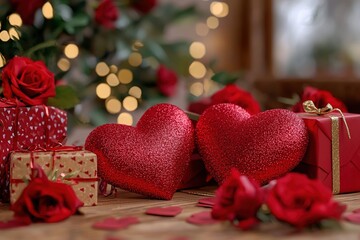 Valentines day background with two big red hearts, red roses and gift boxes. Generative Ai