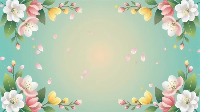 Vibrant floral border with falling petals on soft blue background