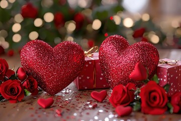 Valentines day background with two big red hearts, red roses and gift boxes. Generative Ai