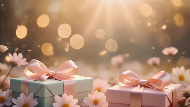 Beautifully wrapped gift boxes with pink bows surrounded by flowers