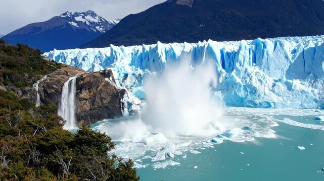 Spectacular glacier calving event with ice falling into the turquoise water, mountains in background.