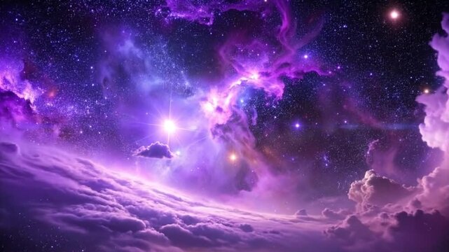 Vibrant purple nebula and stars shining brightly above f clouds, creating a dreamy atmosphere.