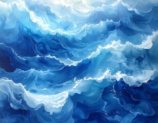 Artistic, abstract depiction of the ocean's waves, swirling blues and whites with highlights