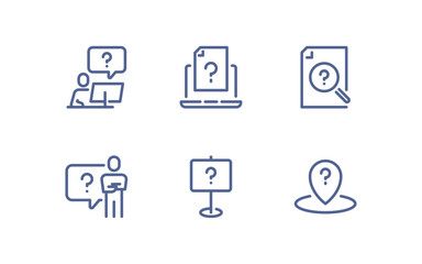 Fototapeta premium Question mark icon set with various inquiry, confusion and problem-solving symbols, simple outlined collection representing help, doubt, thinking and FAQ on white background flat vector illustration.