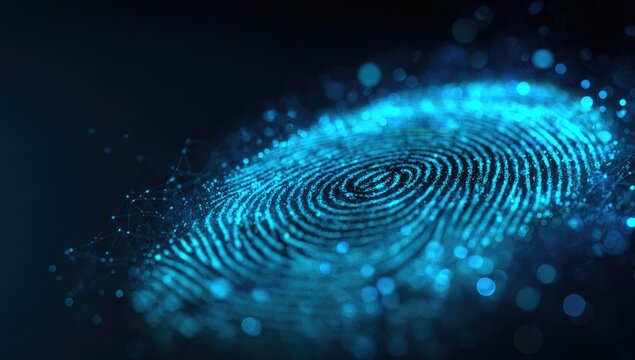 Digitally rendered fingerprint illuminated in blue, showcasing network connections and glowing particles
