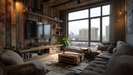 Obraz premium Cozy living room with wooden walls, large window, sectional sofa, and a city view