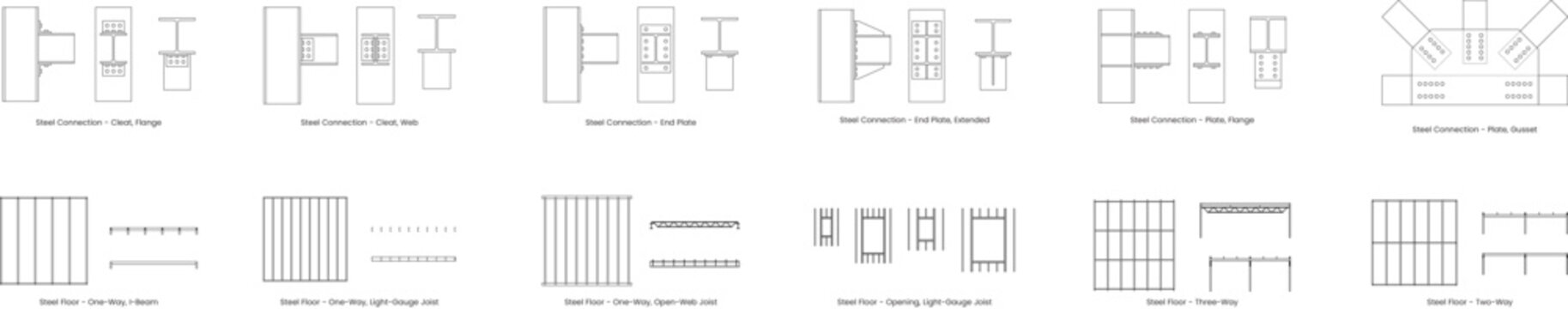 Steel floor systems with plan, steel connections, architectural elements, blueprint, building, construction, floor plan, plan, metal beam, editable stroke