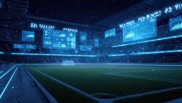 Futuristic soccer stadium lit with blue screens showing data, with a night sky backdrop