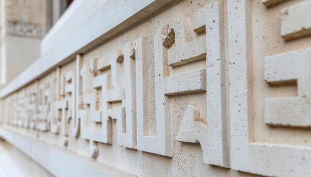 Kufic Script Frieze. Islamic Culture &ndash; Building and Architecture. Architectural frieze where bold, angular Kufic script is carved into pale stone, standing out sharply against the shadow below it.
