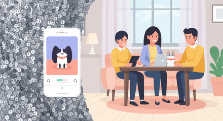 Naklejka na ściany i meble Three people and two pets gathered around a table with a laptop