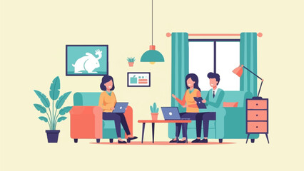 Three people collaborating on laptops and tablets in a living room