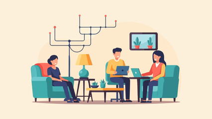 Three people collaborating or working together in a cozy room