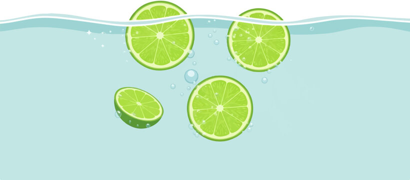 Sliced citrus fruit bobbing in bubbly, light blue liquid