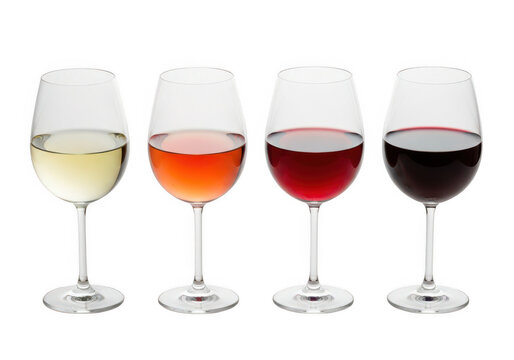 Four wine glasses with varying shades of red and white wine on transparent background