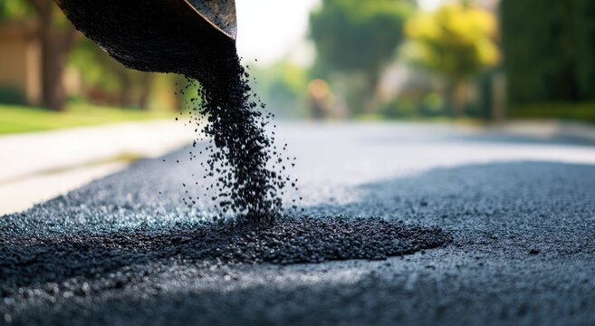 Black asphalt is poured from a machine's shovel, paving a street with a blurred background