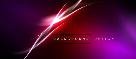 Naklejka premium Abstract neon lines create vibrant background. Pink, red hues dominate dark space. Text reads background design. Modern, dynamic visual.