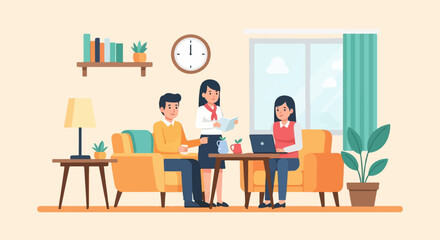 Three people gathered in a living room, working and relaxing