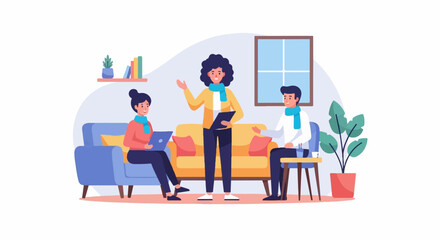 Three people gathered in a room, one on a laptop, one talking, and one listening