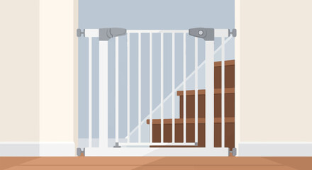 Obraz na płótnie Canvas Safety gate prevents access to a wooden staircase in a home interior