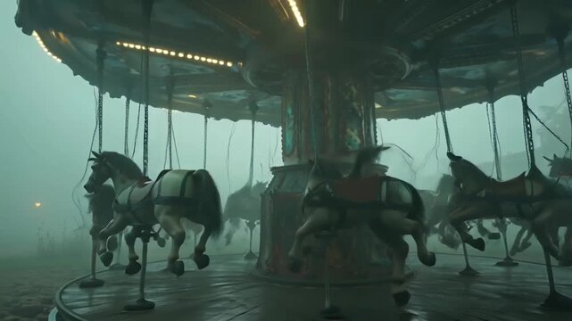 4K cinematic horror video, abandoned rusty carousel spinning alone dense fog, horses&rsquo; heads twitch unnaturally, faint children&rsquo;s laughter echoes fades, cold muted color broken flickering lights, ghost