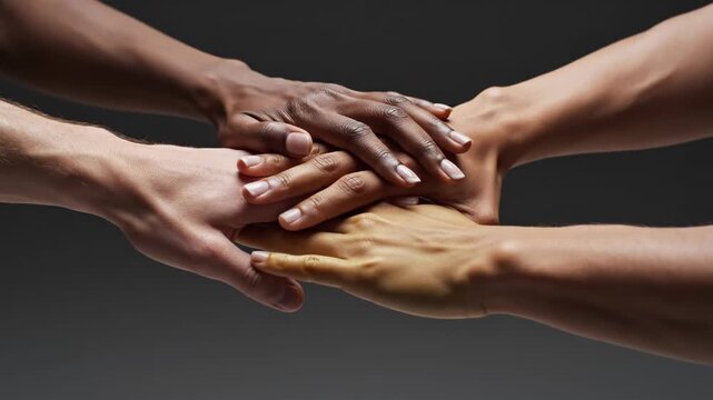 Diverse group of people stacking their hands together in unity and cooperation on a dark background