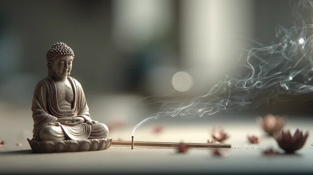 Zen Buddha statue with burning incense stick and ethereal smoke for meditation and mindfulness
