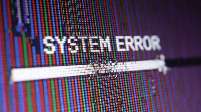 System Error Message Displayed on Corrupting Pixel Screen, Loading Bar Glitches, Digital Failure and Data Distortion Concept 4k video animation seamless loop
