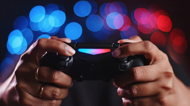 Closeup of a persons hands holding a video game controller with a blurred background of colorful bokeh lights